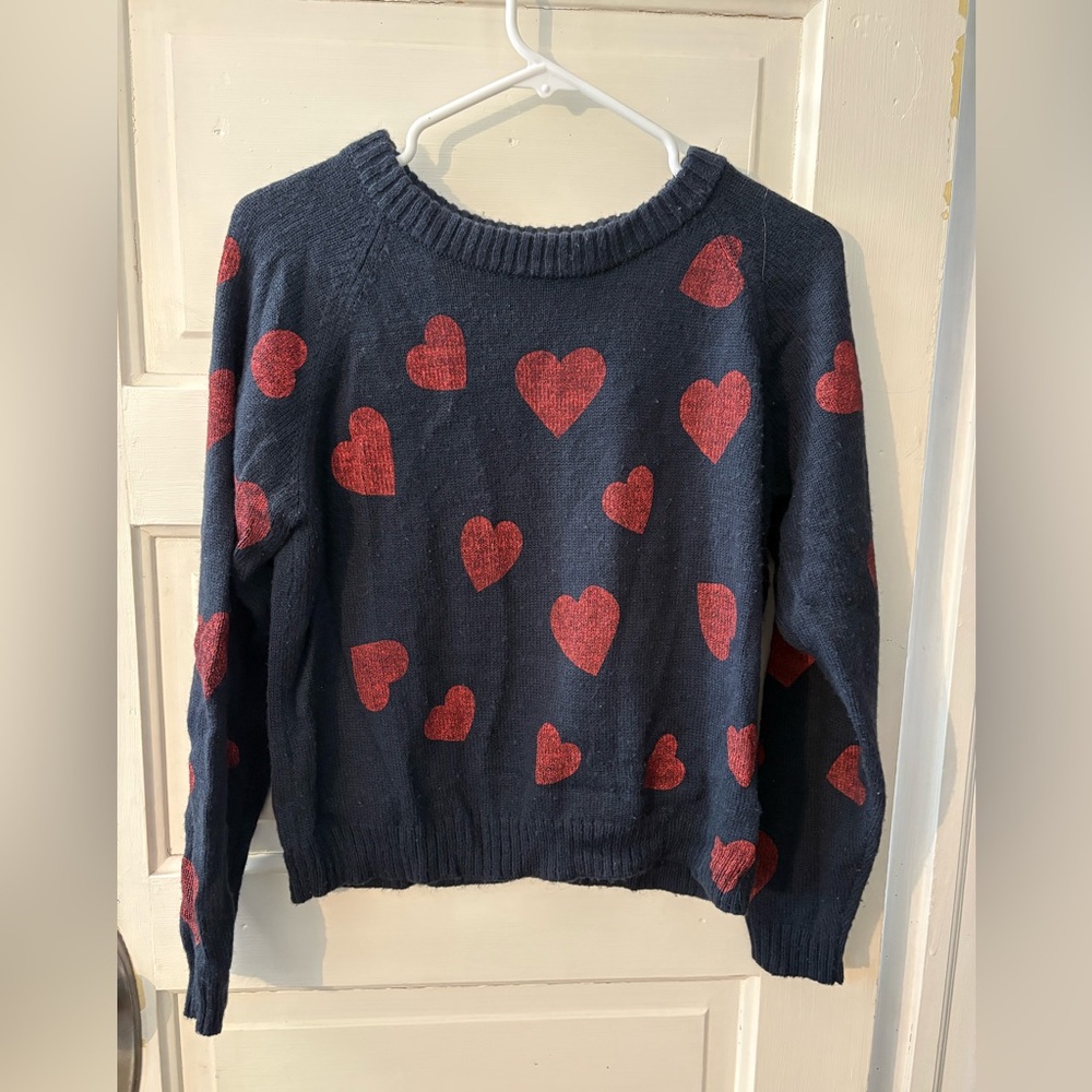 Adam Levine Collection Blue with Red Hearts Crew Neck Sweater